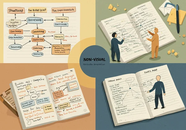 Mind map with words, notes, and a person explaining a concept