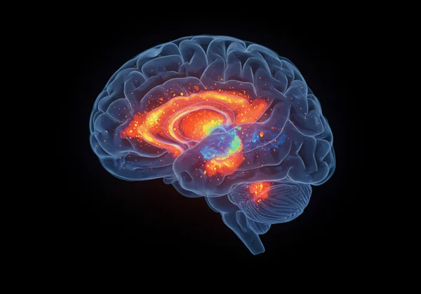 Brain scan showing REM activity, visual cortex active but dark