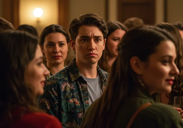 A person in a crowd struggling to recognize faces.