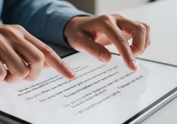 Person taking a cognitive style test on a digital device