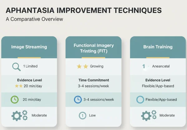 Comparison infographic of aphantasia techniques