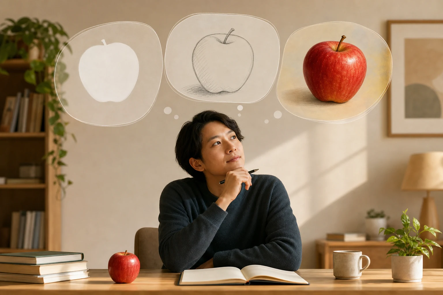 Person reflecting on an apple