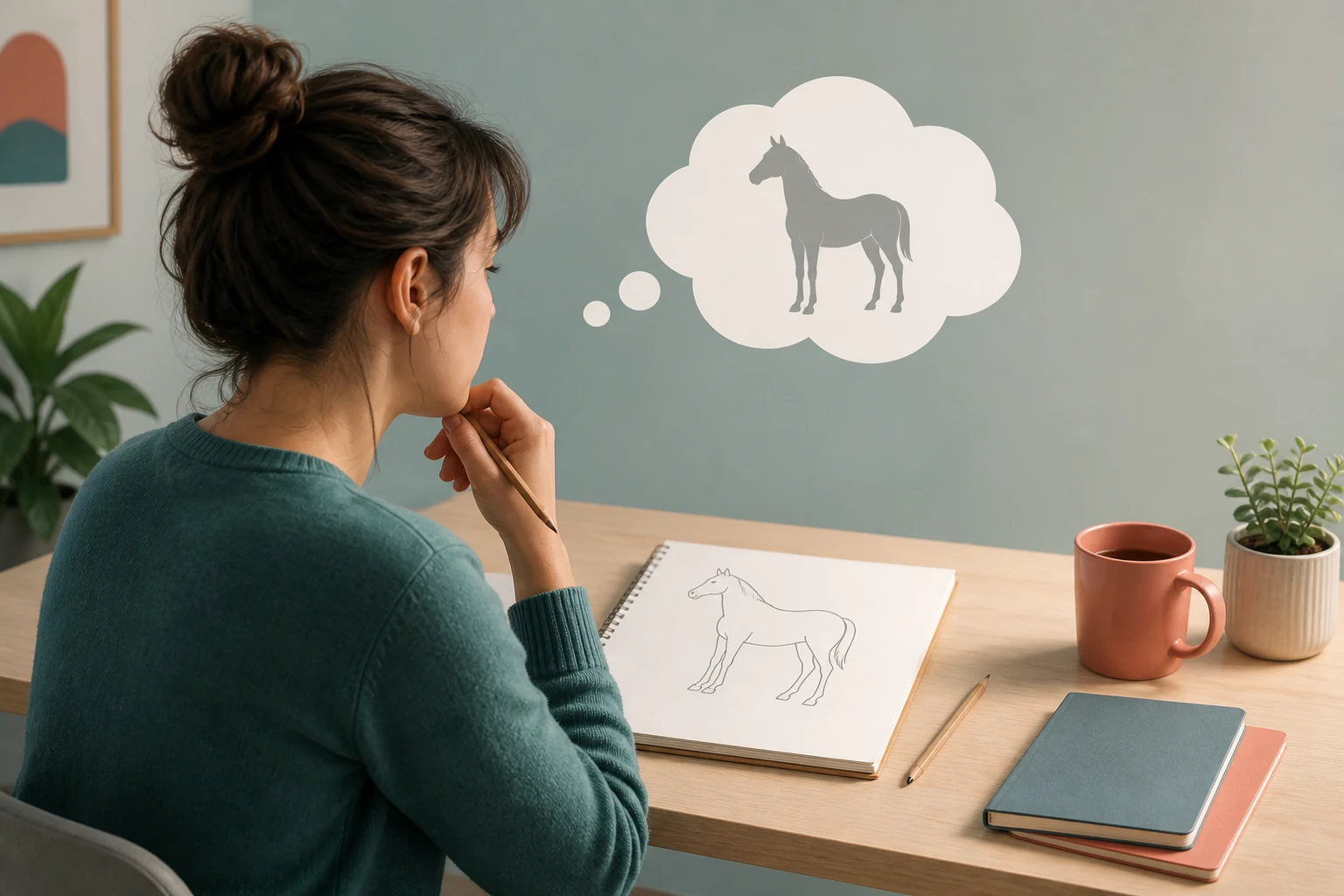 Person considering blank horse outline