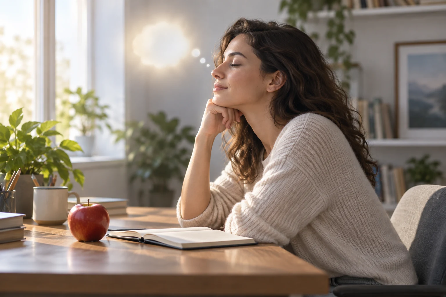 Person reflecting on apple test